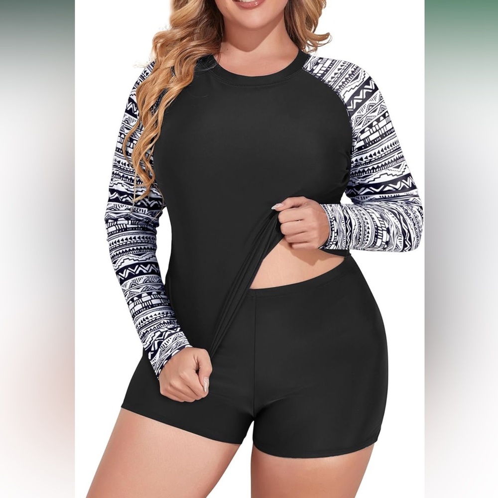 Plus Size 2 Piece Long Sleeve Rash Guard and Swim Shorts UPF 50+ Solid Black